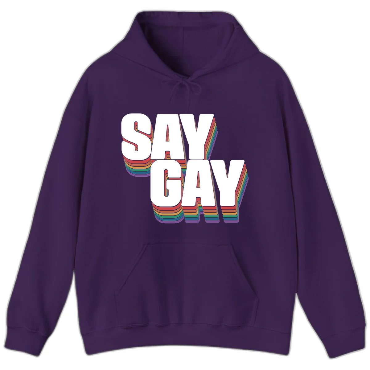 Say gay pride rainbow typography design with bold white text and vibrant layered rainbow stripes in 3D effect in Purple