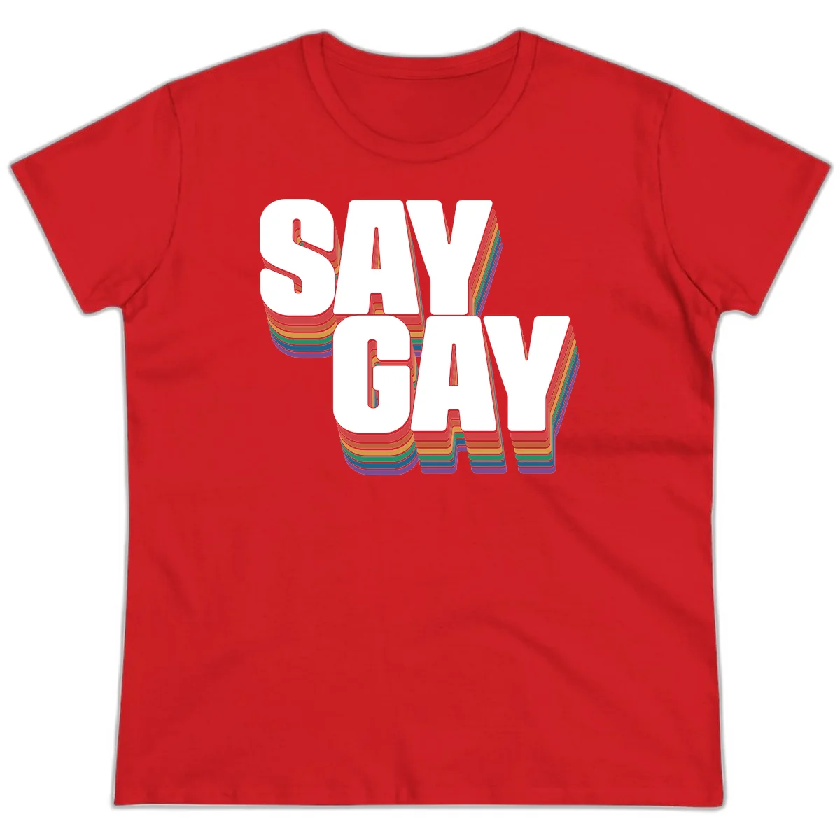 Say gay pride rainbow typography design with bold white text and vibrant layered rainbow stripes in 3D effect in Red