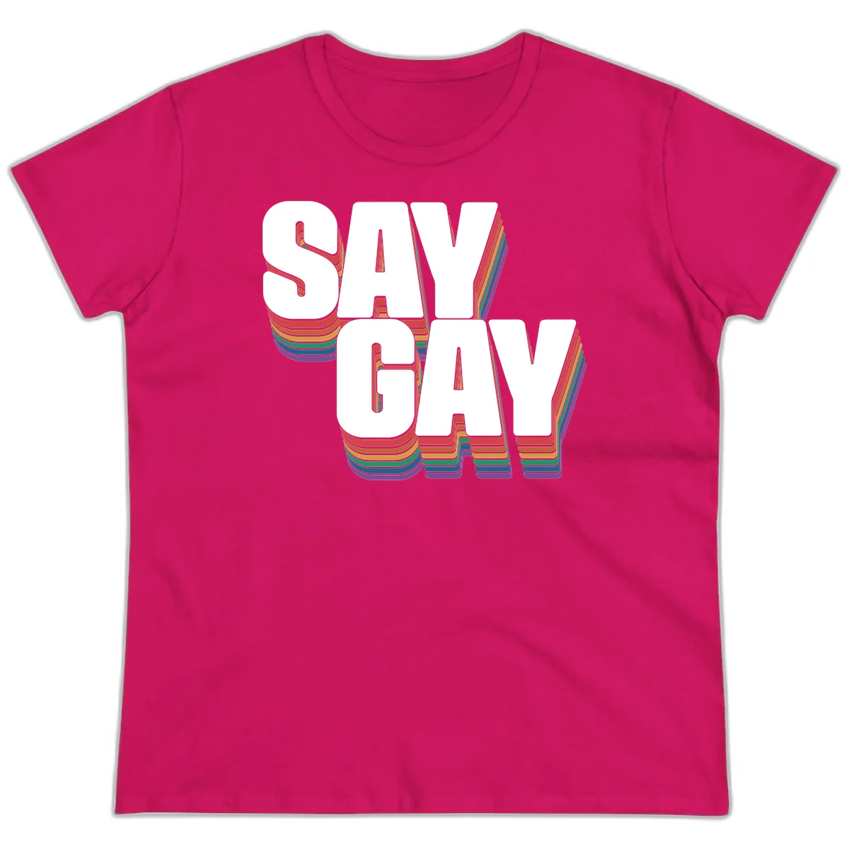 Say gay pride rainbow typography design with bold white text and vibrant layered rainbow stripes in 3D effect in Heliconia