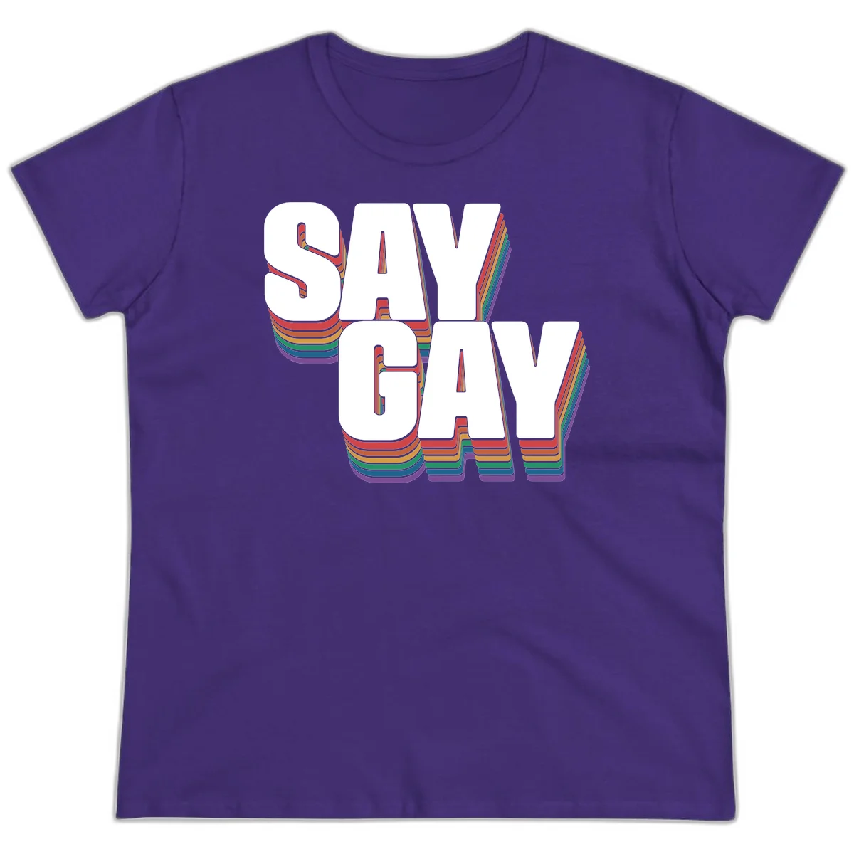 Say gay pride rainbow typography design with bold white text and vibrant layered rainbow stripes in 3D effect in Purple