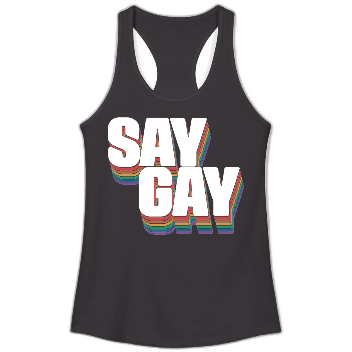 Say gay pride rainbow typography design with bold white text and vibrant layered rainbow stripes in 3D effect in Black