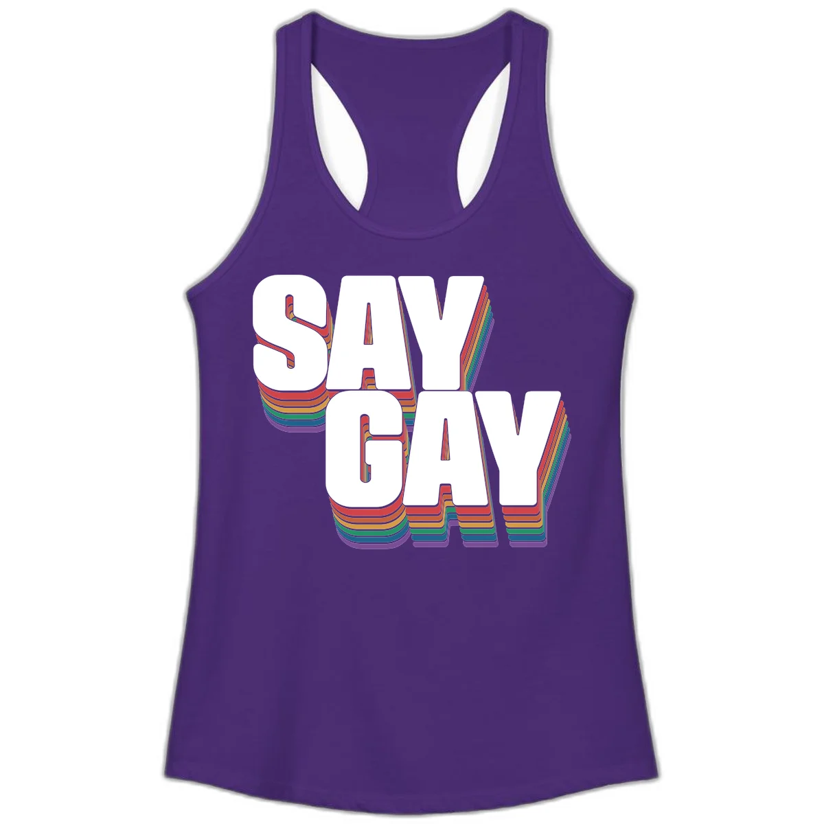 Say gay pride rainbow typography design with bold white text and vibrant layered rainbow stripes in 3D effect in Solid Purple Rush