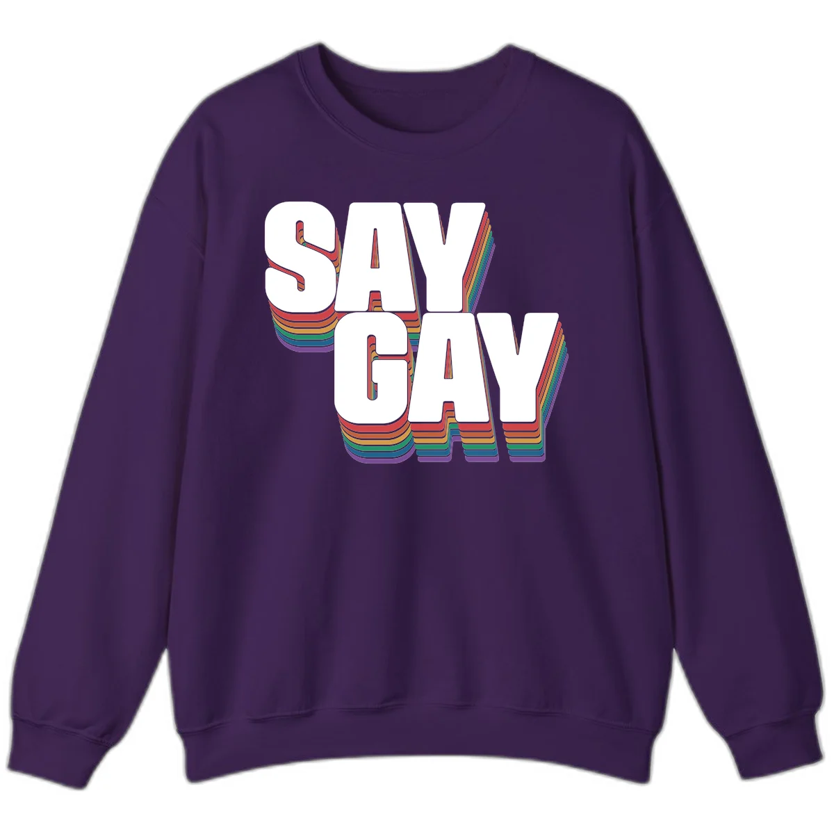 Say gay pride rainbow typography design with bold white text and vibrant layered rainbow stripes in 3D effect in Purple