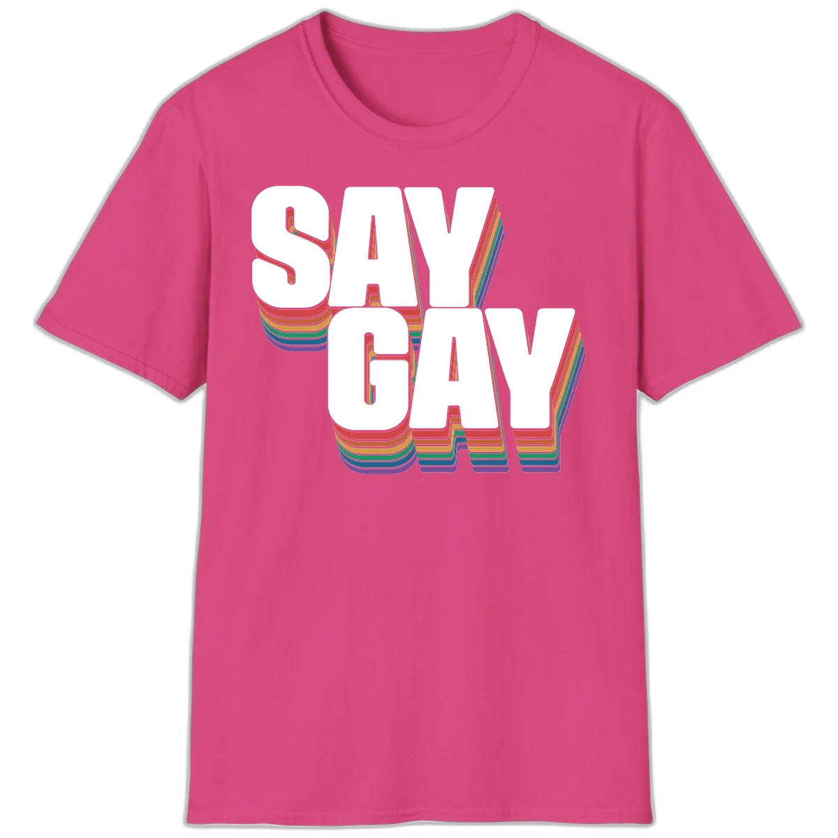 Say gay pride rainbow typography design with bold white text and vibrant layered rainbow stripes in 3D effect in Heliconia