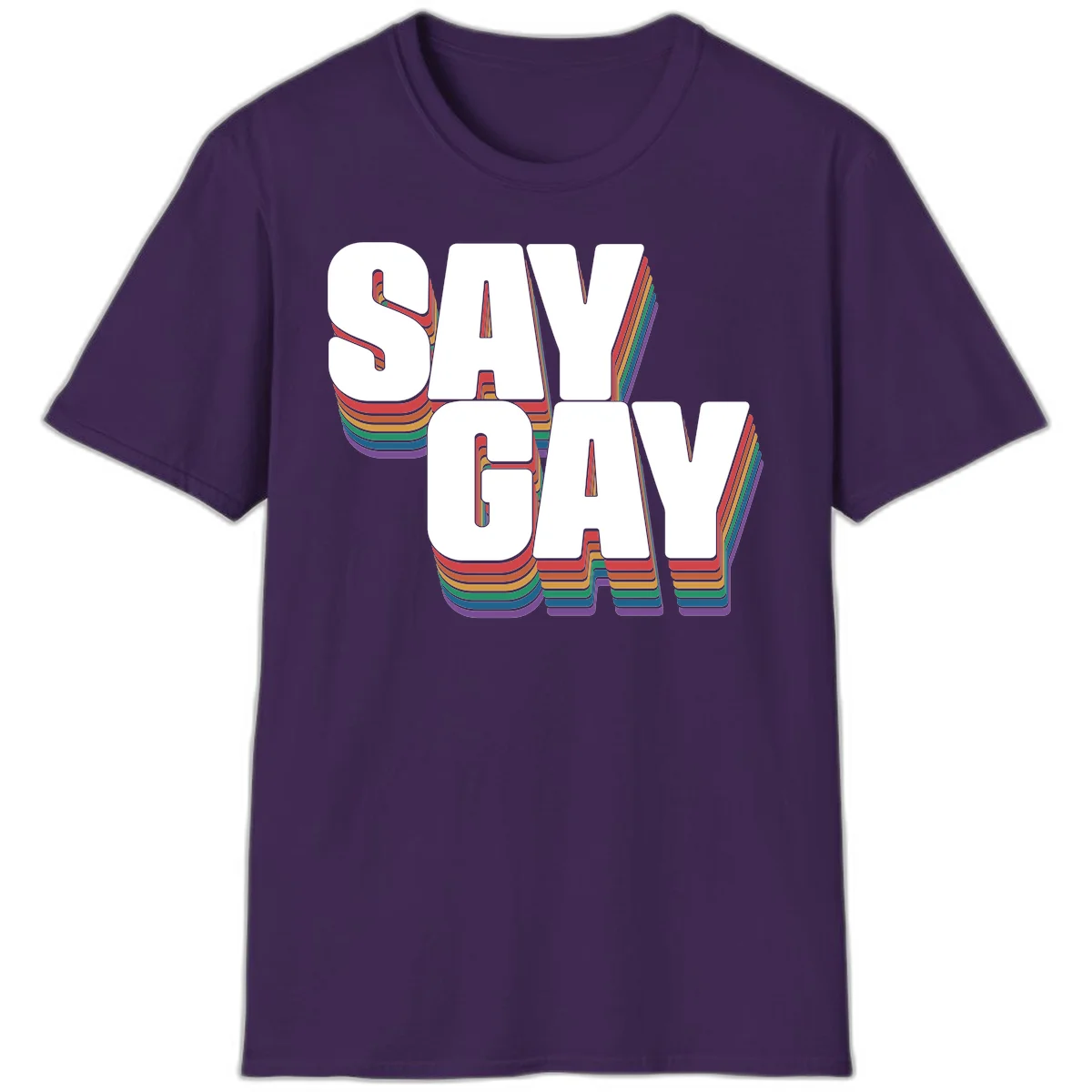 Say gay pride rainbow typography design with bold white text and vibrant layered rainbow stripes in 3D effect in Purple