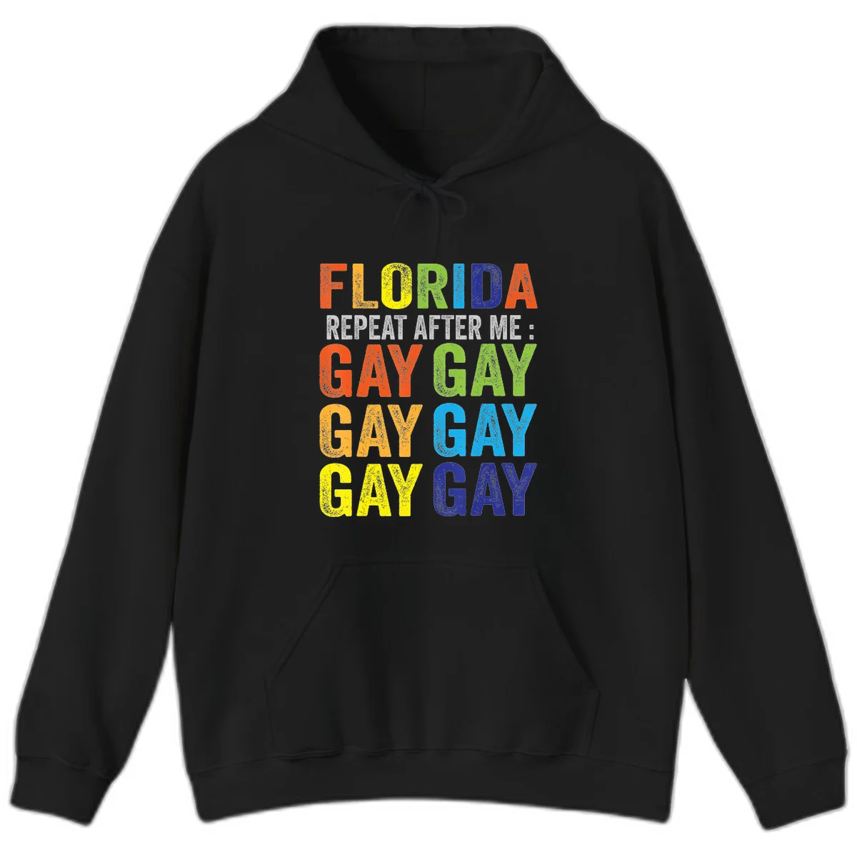 Rainbow colored text reading 'Florida Repeat After Me: Gay Gay Gay Gay' with distressed grunge texture on gray background in Black