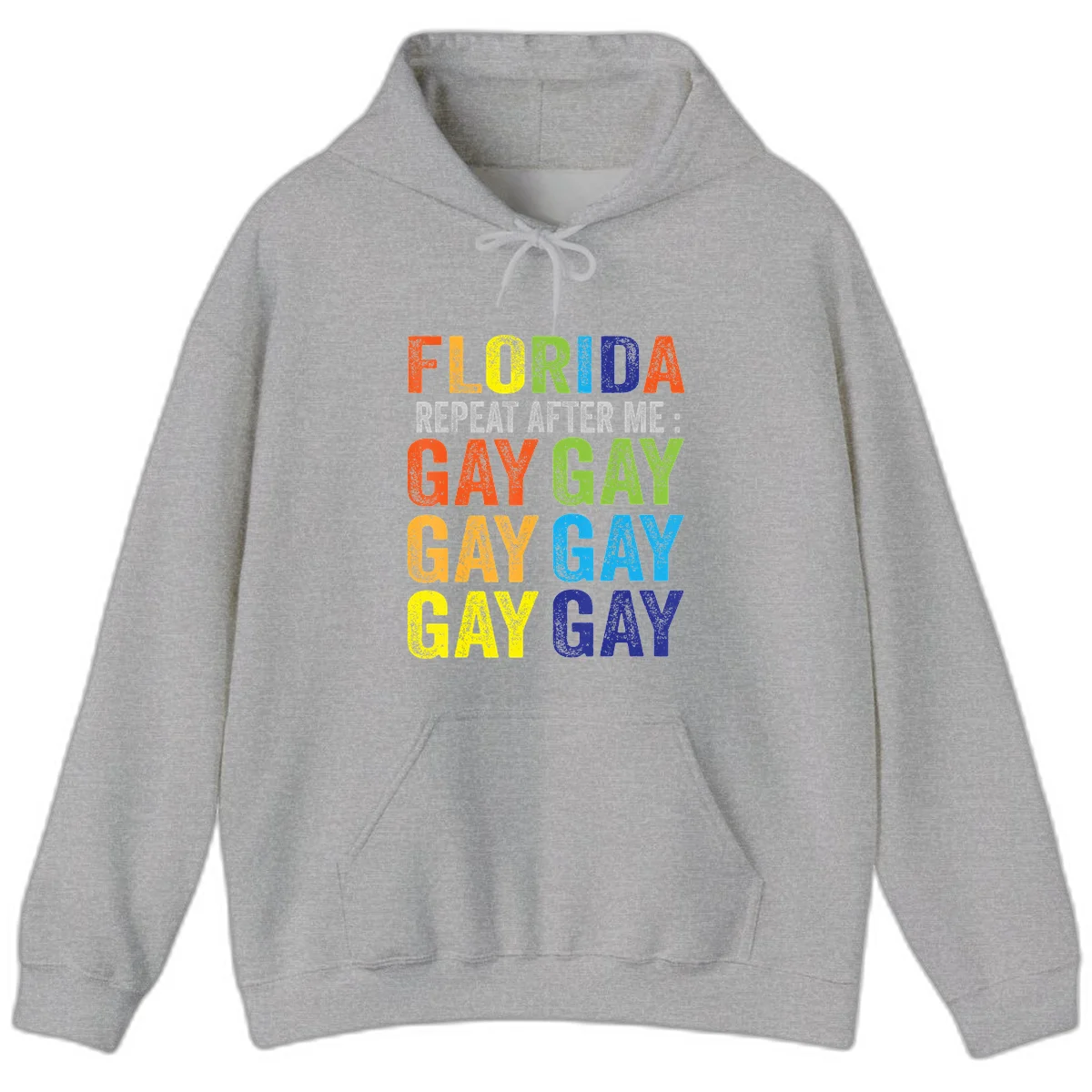 Rainbow colored text reading 'Florida Repeat After Me: Gay Gay Gay Gay' with distressed grunge texture on gray background in Sport Grey