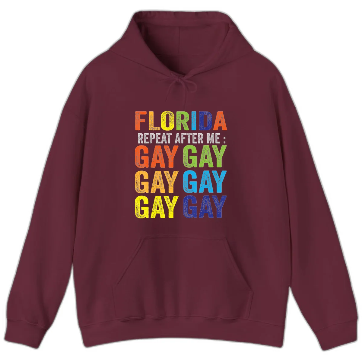 Rainbow colored text reading 'Florida Repeat After Me: Gay Gay Gay Gay' with distressed grunge texture on gray background in Maroon