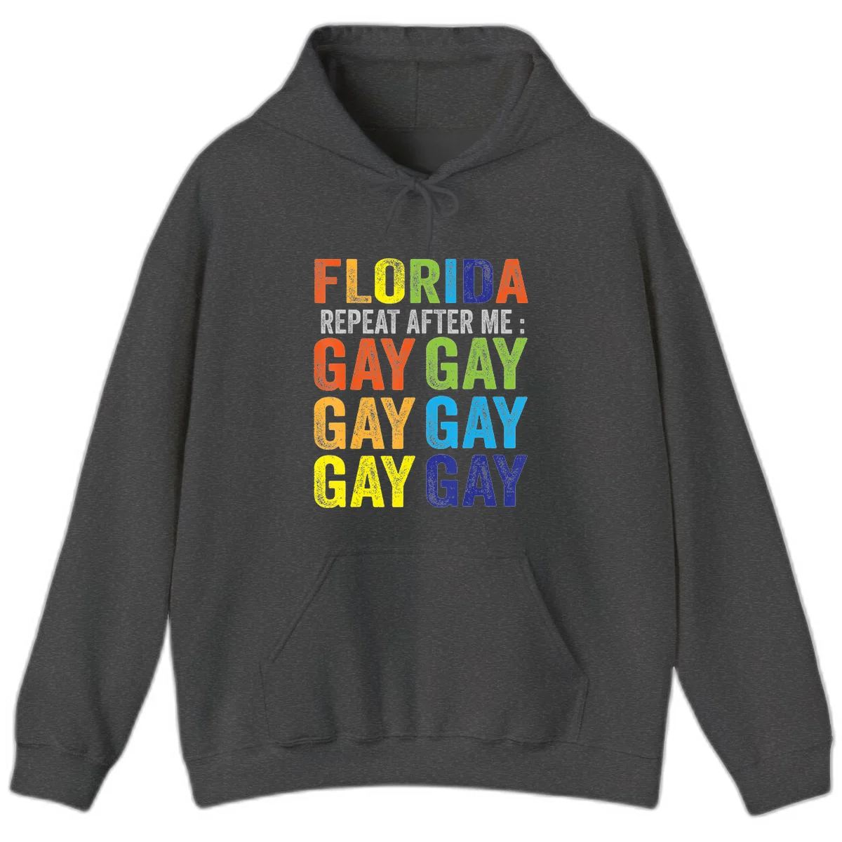 Rainbow colored text reading 'Florida Repeat After Me: Gay Gay Gay Gay' with distressed grunge texture on gray background in Dark Heather