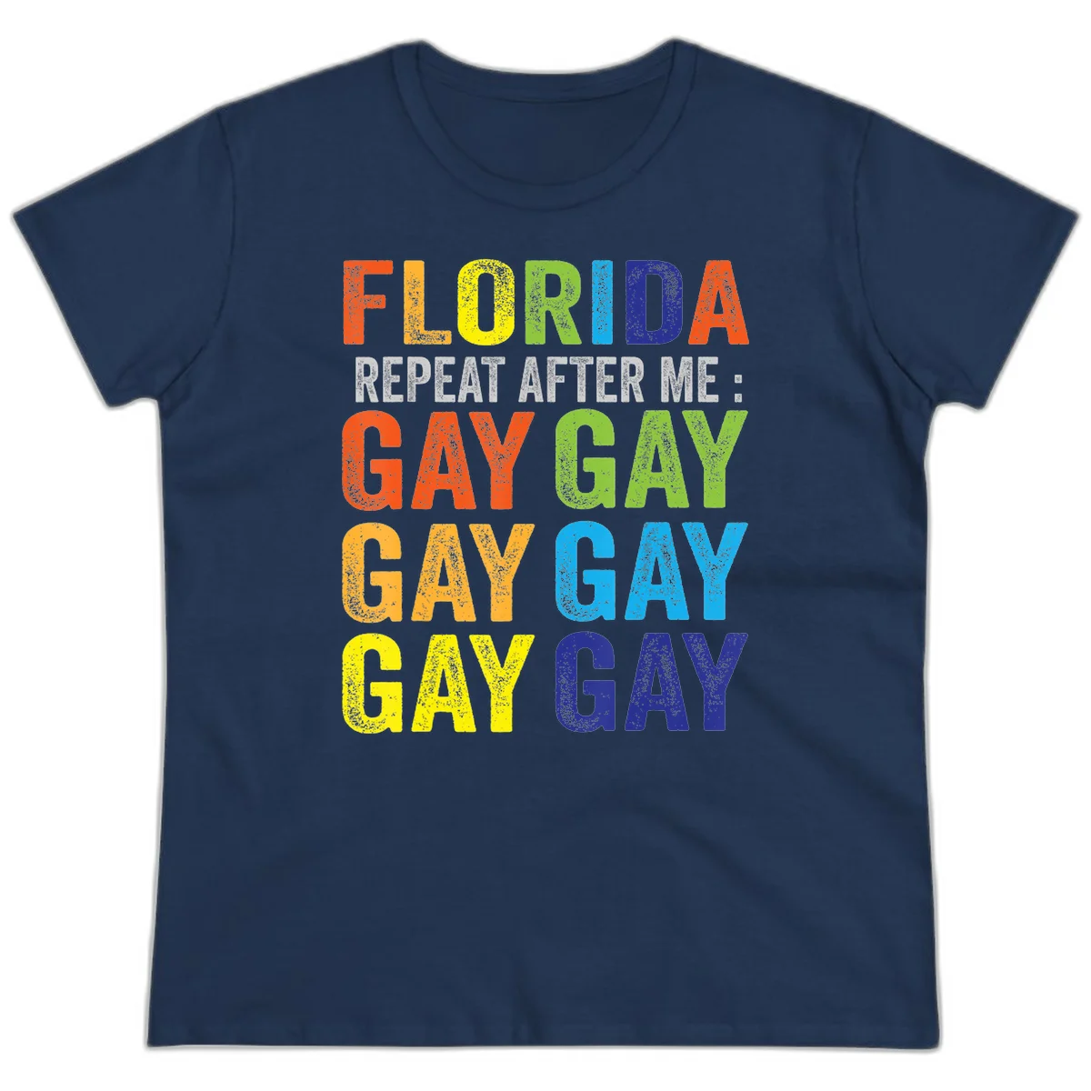 Rainbow colored text reading 'Florida Repeat After Me: Gay Gay Gay Gay' with distressed grunge texture on gray background in Navy