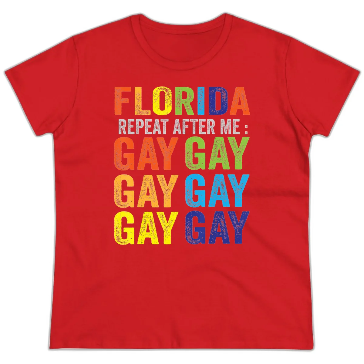 Rainbow colored text reading 'Florida Repeat After Me: Gay Gay Gay Gay' with distressed grunge texture on gray background in Red