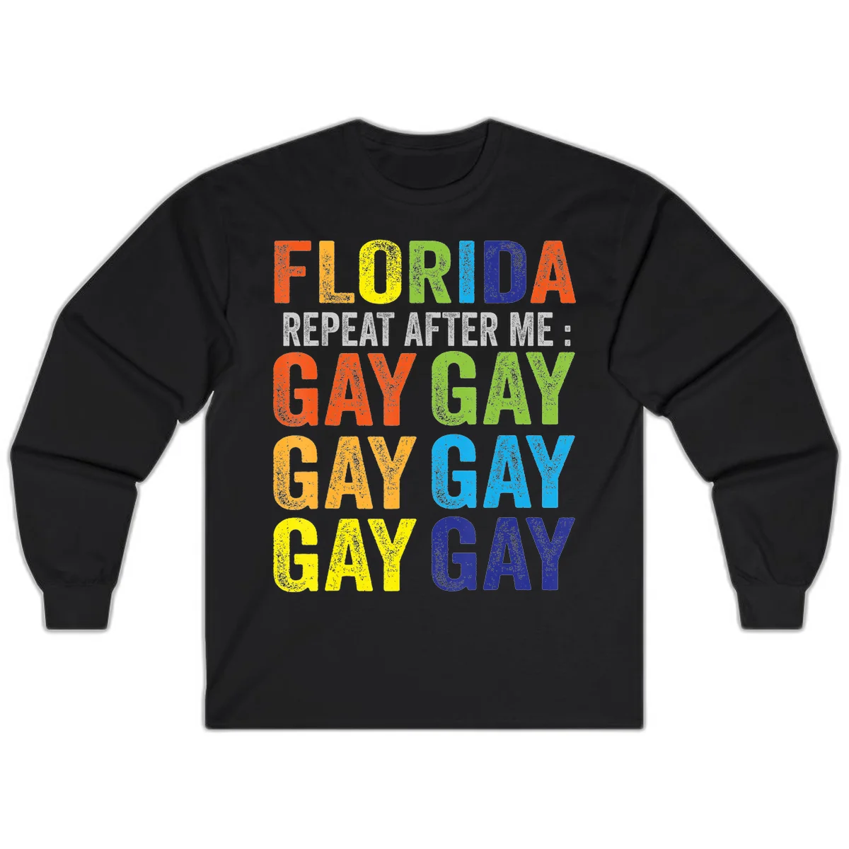 Rainbow colored text reading 'Florida Repeat After Me: Gay Gay Gay Gay' with distressed grunge texture on gray background in Black