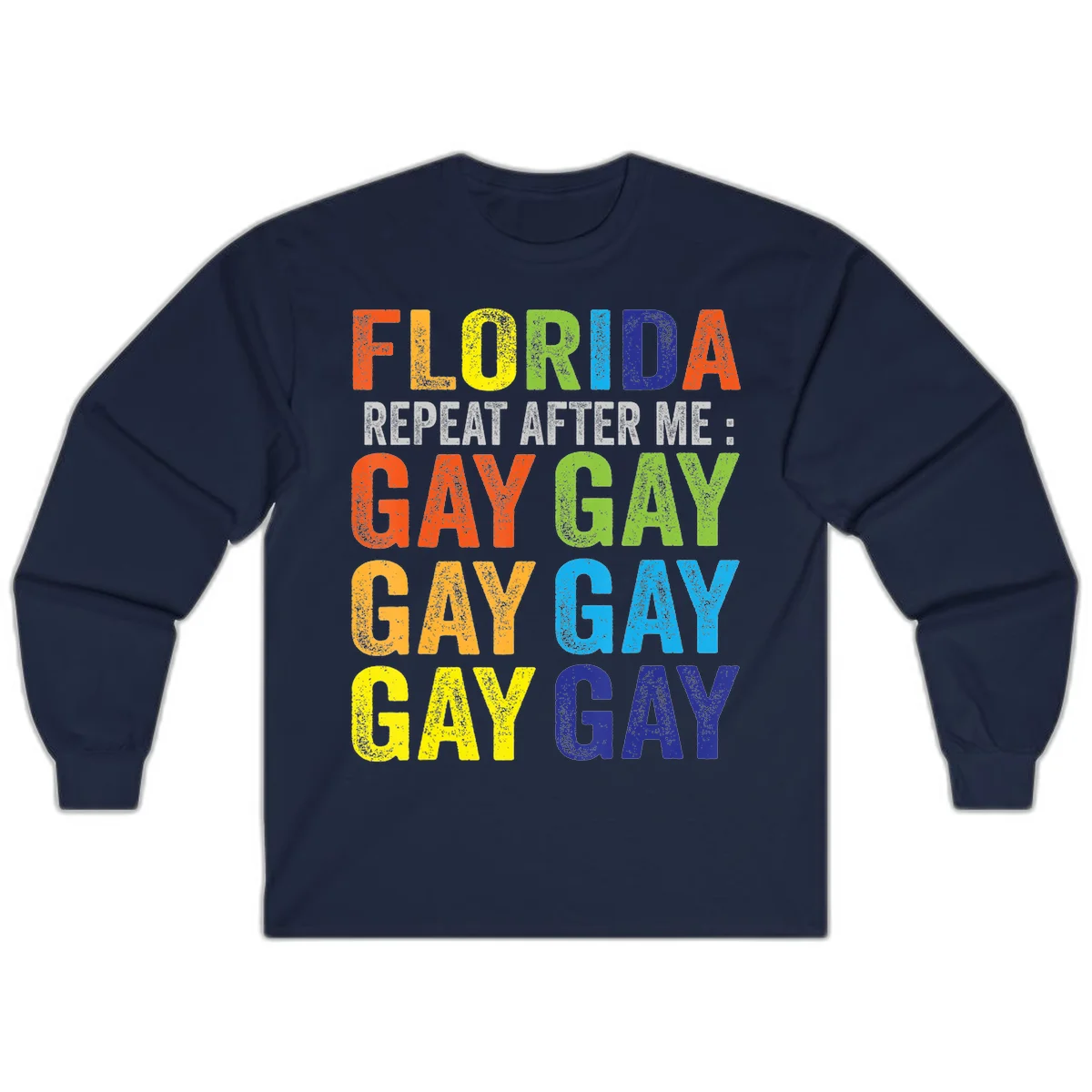Rainbow colored text reading 'Florida Repeat After Me: Gay Gay Gay Gay' with distressed grunge texture on gray background in Navy