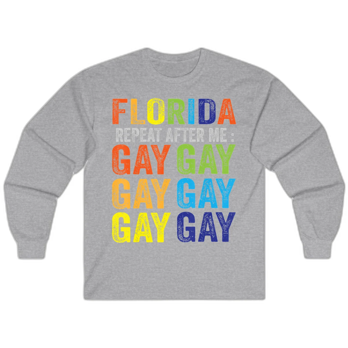 Rainbow colored text reading 'Florida Repeat After Me: Gay Gay Gay Gay' with distressed grunge texture on gray background in Sport Grey