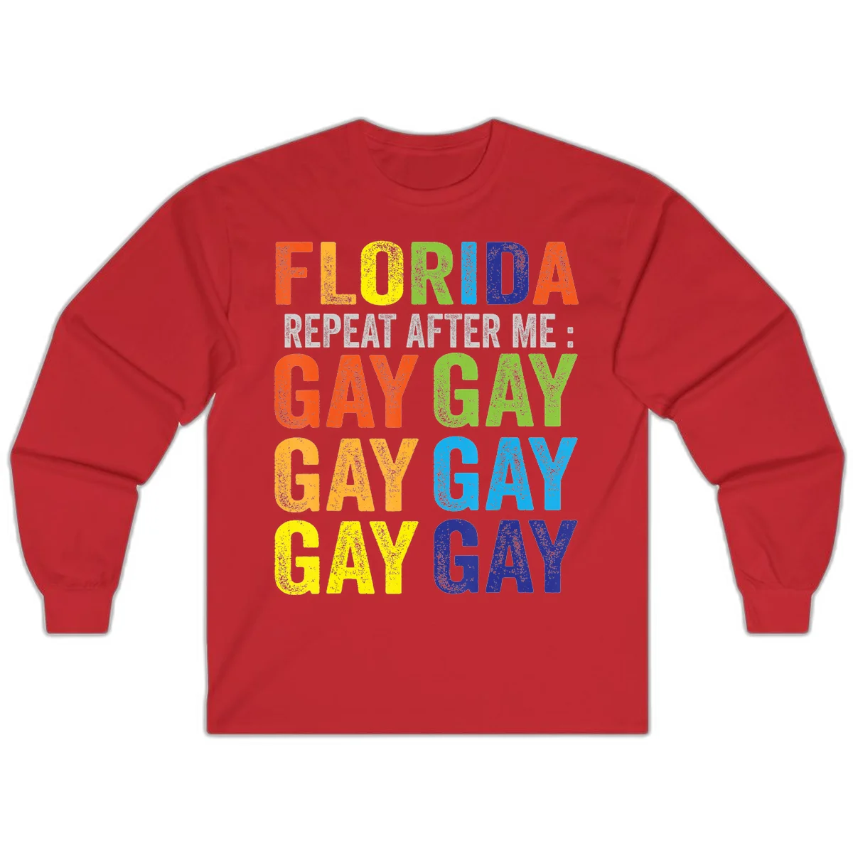 Rainbow colored text reading 'Florida Repeat After Me: Gay Gay Gay Gay' with distressed grunge texture on gray background in Red