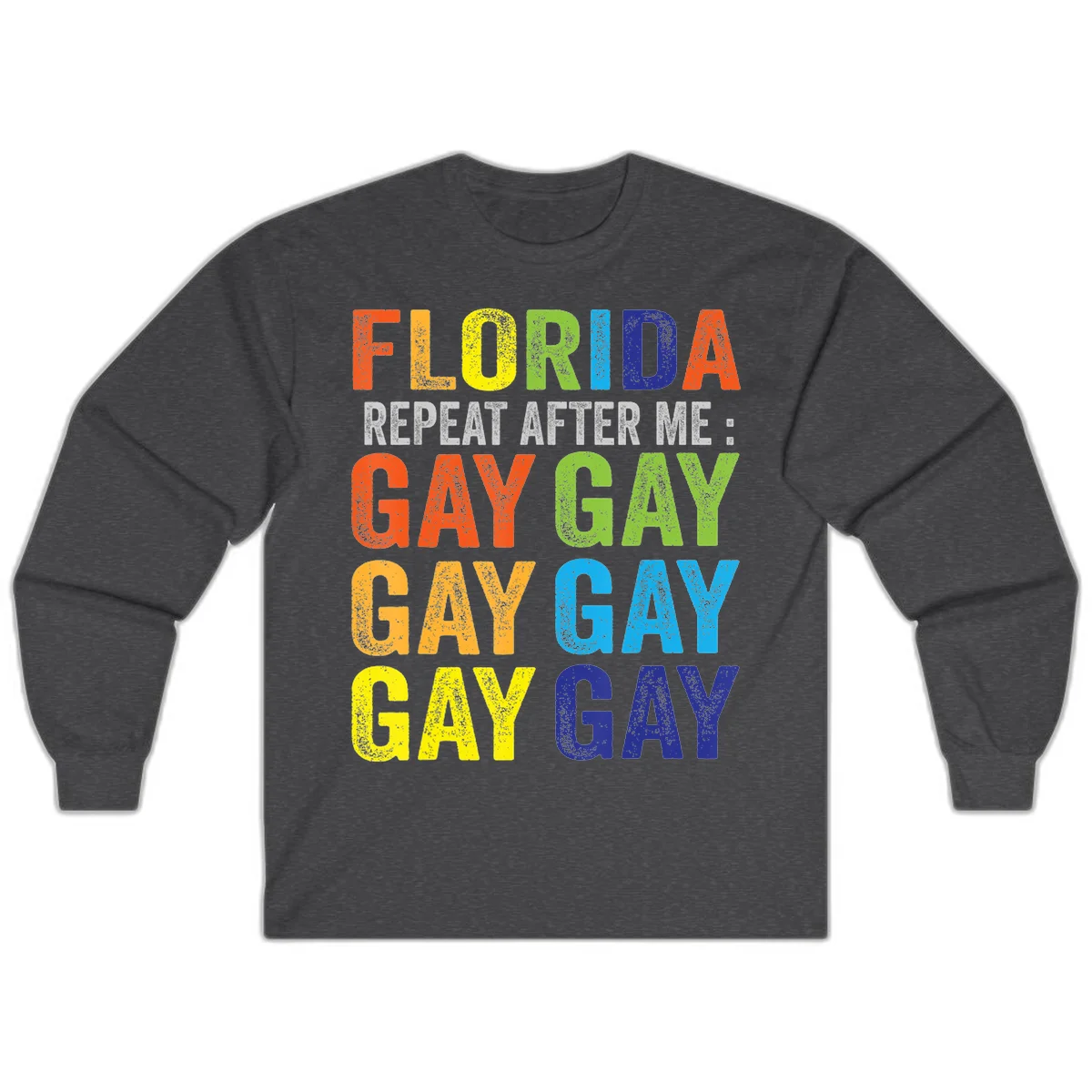 Rainbow colored text reading 'Florida Repeat After Me: Gay Gay Gay Gay' with distressed grunge texture on gray background in Dark Heather