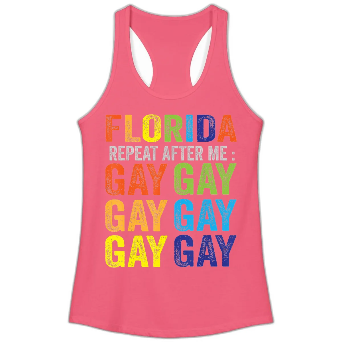 Rainbow colored text reading 'Florida Repeat After Me: Gay Gay Gay Gay' with distressed grunge texture on gray background in Hot Pink