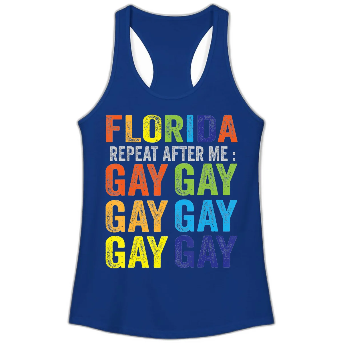 Rainbow colored text reading 'Florida Repeat After Me: Gay Gay Gay Gay' with distressed grunge texture on gray background in Solid Royal