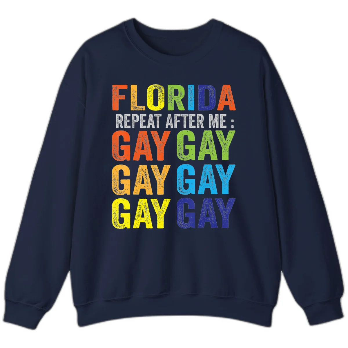 Rainbow colored text reading 'Florida Repeat After Me: Gay Gay Gay Gay' with distressed grunge texture on gray background in Navy