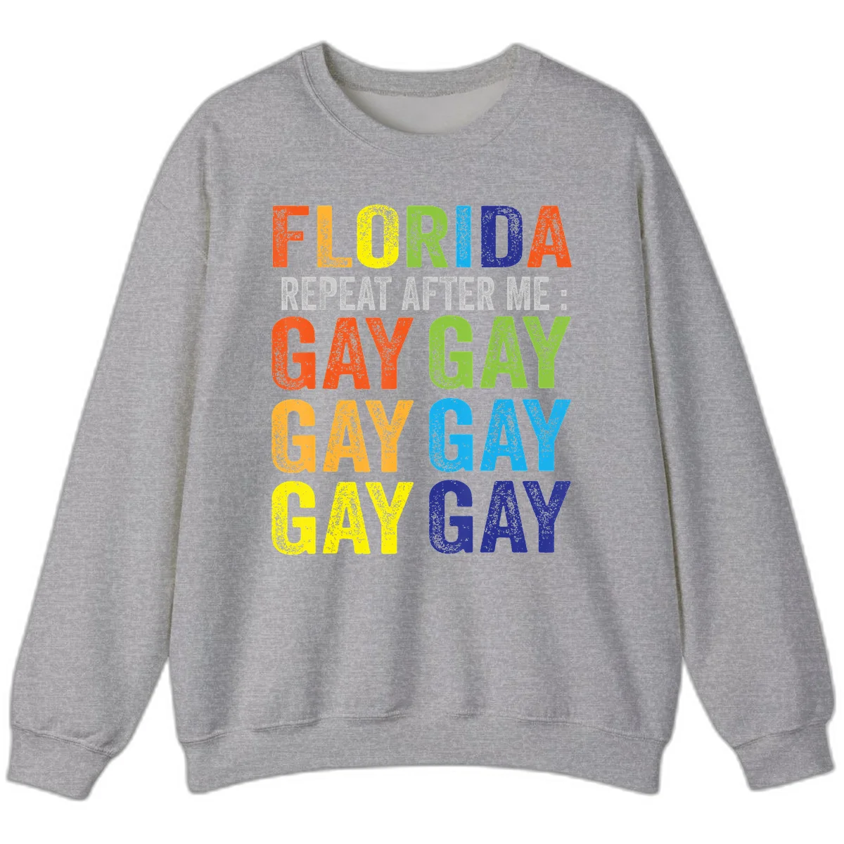 Rainbow colored text reading 'Florida Repeat After Me: Gay Gay Gay Gay' with distressed grunge texture on gray background in Sport Grey