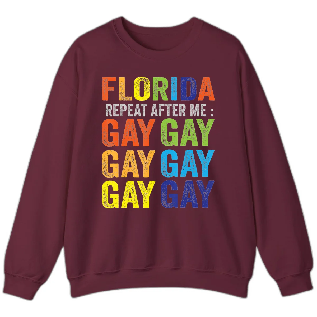 Rainbow colored text reading 'Florida Repeat After Me: Gay Gay Gay Gay' with distressed grunge texture on gray background in Maroon