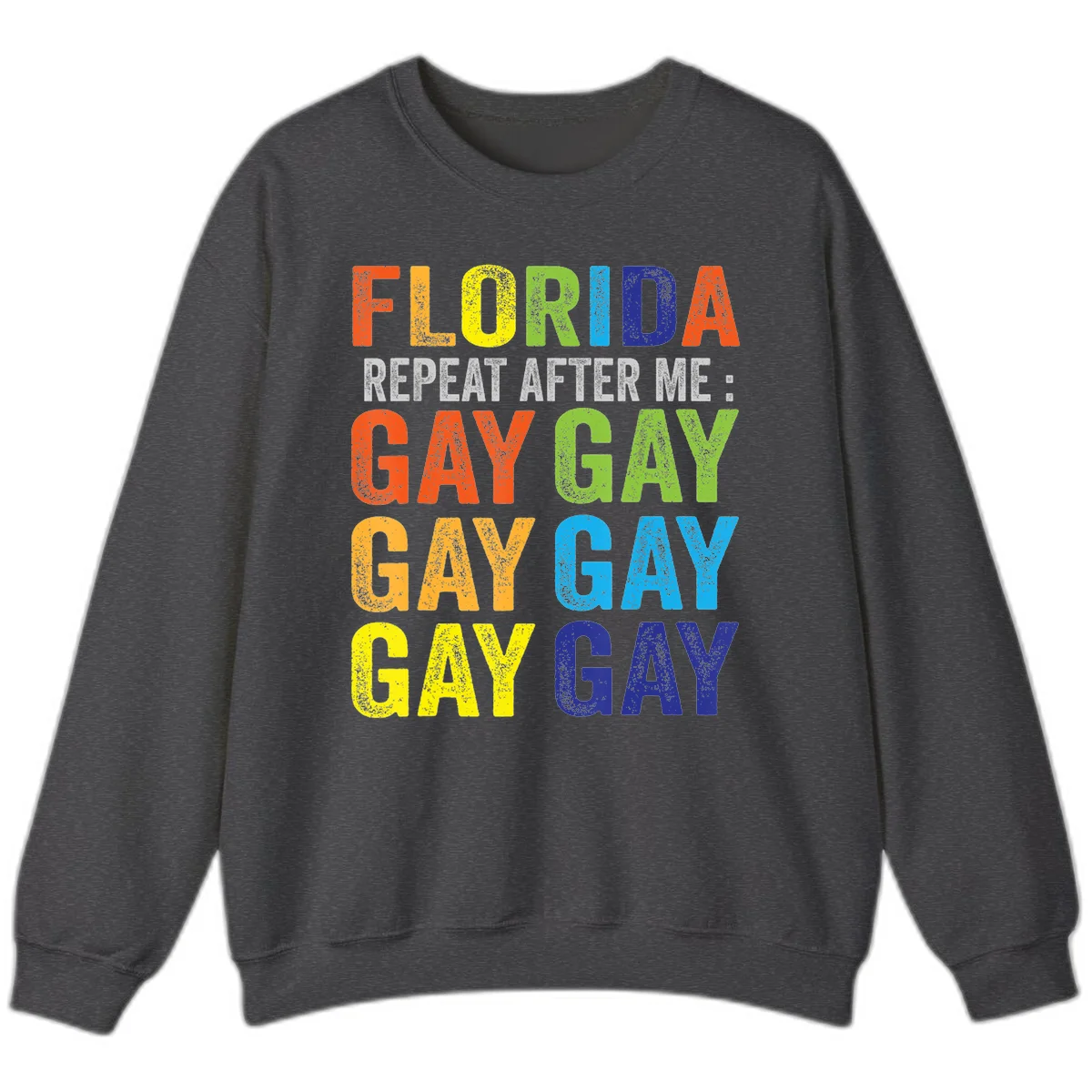 Rainbow colored text reading 'Florida Repeat After Me: Gay Gay Gay Gay' with distressed grunge texture on gray background in Dark Heather