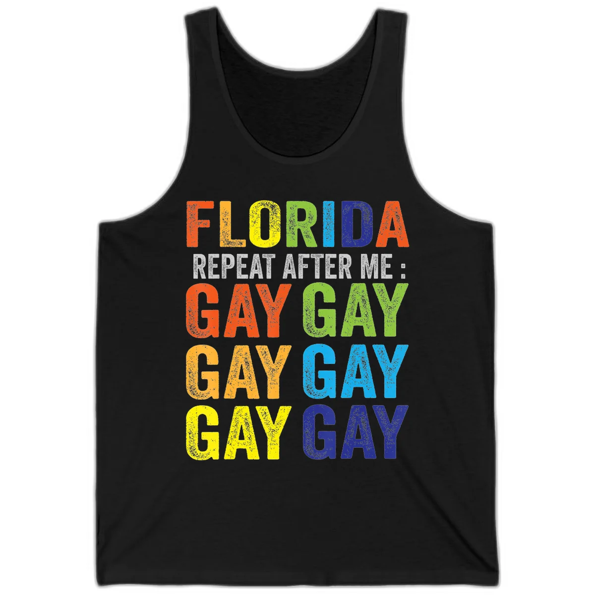 Rainbow colored text reading 'Florida Repeat After Me: Gay Gay Gay Gay' with distressed grunge texture on gray background in Black
