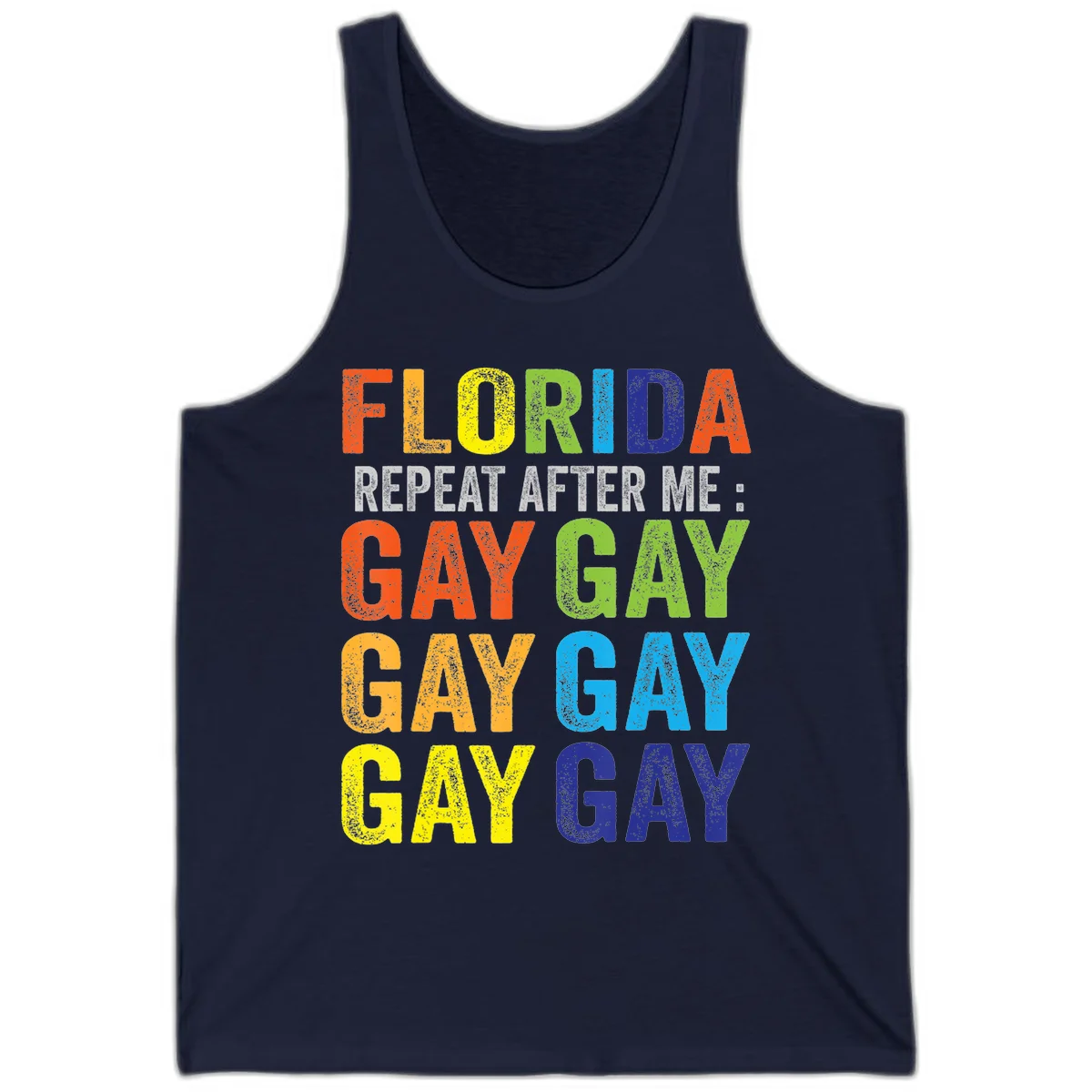 Rainbow colored text reading 'Florida Repeat After Me: Gay Gay Gay Gay' with distressed grunge texture on gray background in Navy