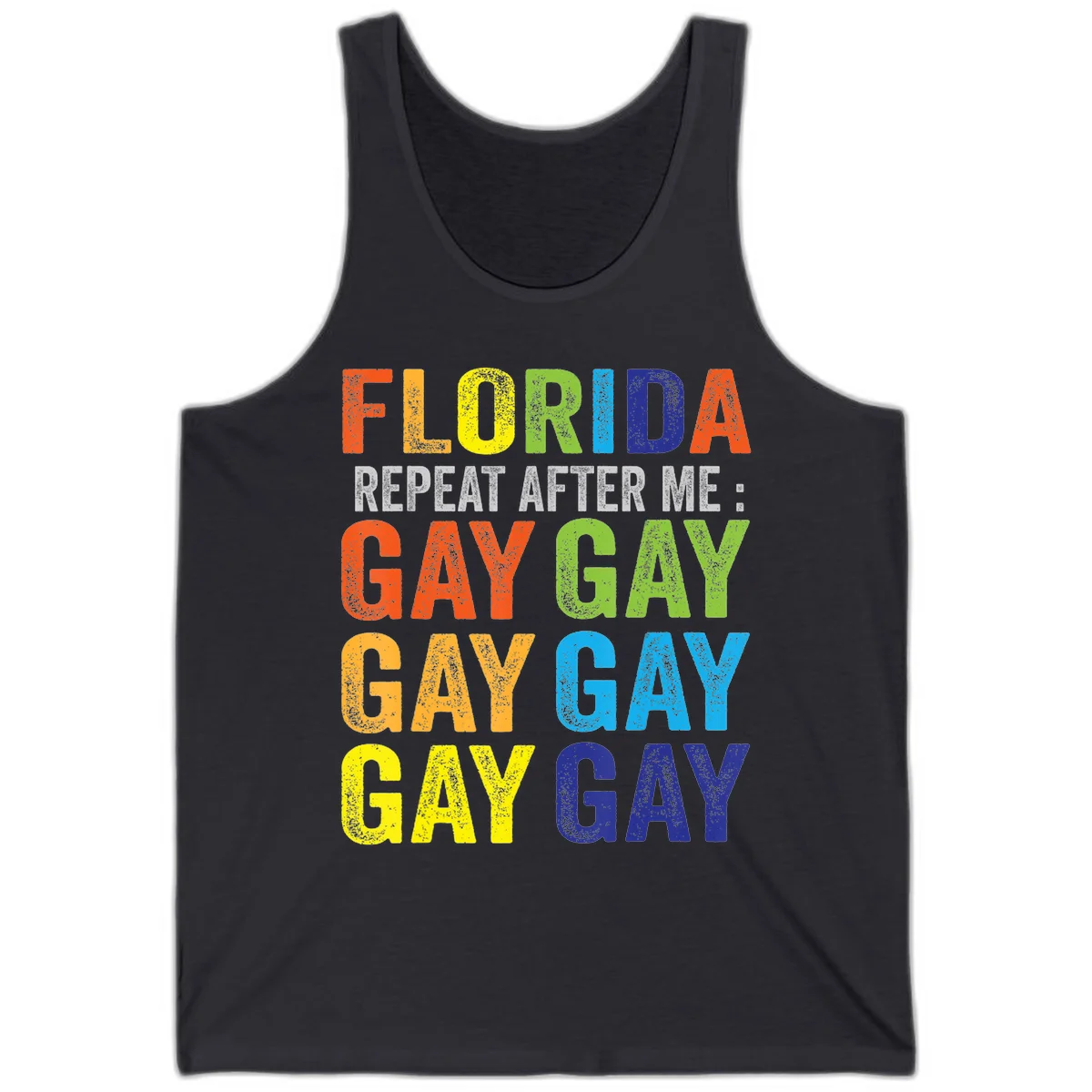 Rainbow colored text reading 'Florida Repeat After Me: Gay Gay Gay Gay' with distressed grunge texture on gray background in Dark Grey