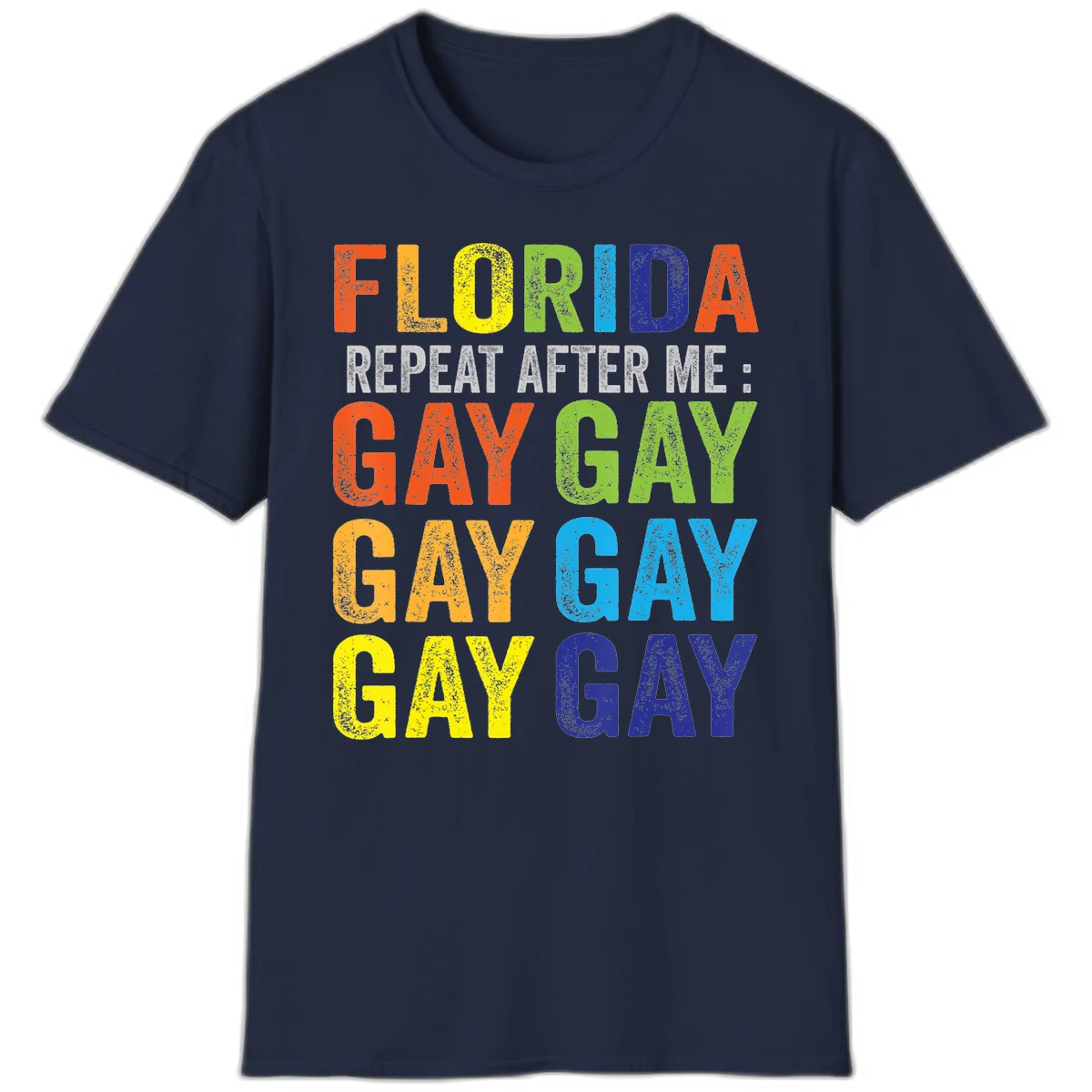 Rainbow colored text reading 'Florida Repeat After Me: Gay Gay Gay Gay' with distressed grunge texture on gray background in Navy