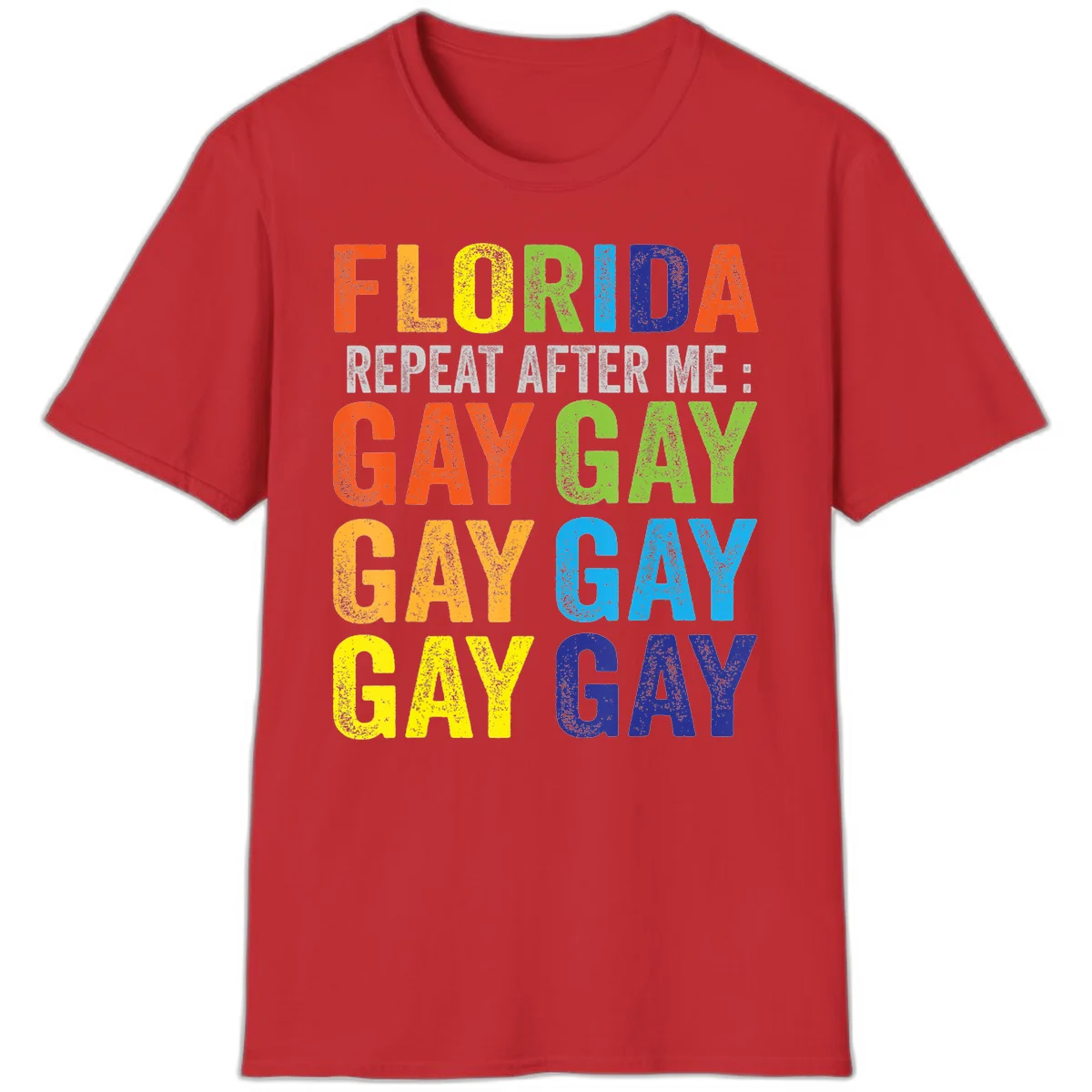 Rainbow colored text reading 'Florida Repeat After Me: Gay Gay Gay Gay' with distressed grunge texture on gray background in Red