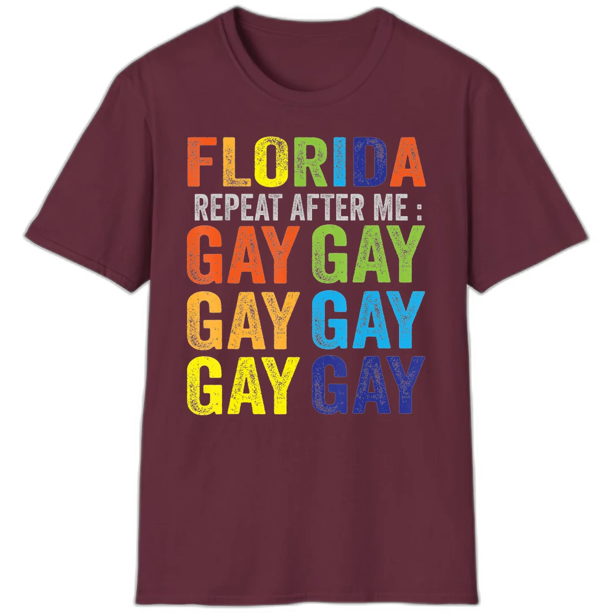 Rainbow colored text reading 'Florida Repeat After Me: Gay Gay Gay Gay' with distressed grunge texture on gray background in Maroon