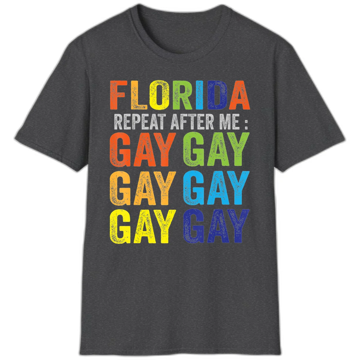 Rainbow colored text reading 'Florida Repeat After Me: Gay Gay Gay Gay' with distressed grunge texture on gray background in Dark Heather