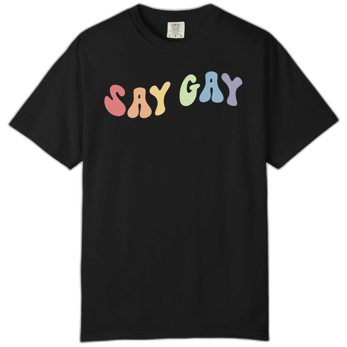 Colorful bubble letters spelling SAY GAY in rainbow pride colors: red, peach, yellow, green, blue, and purple on gray background in Black