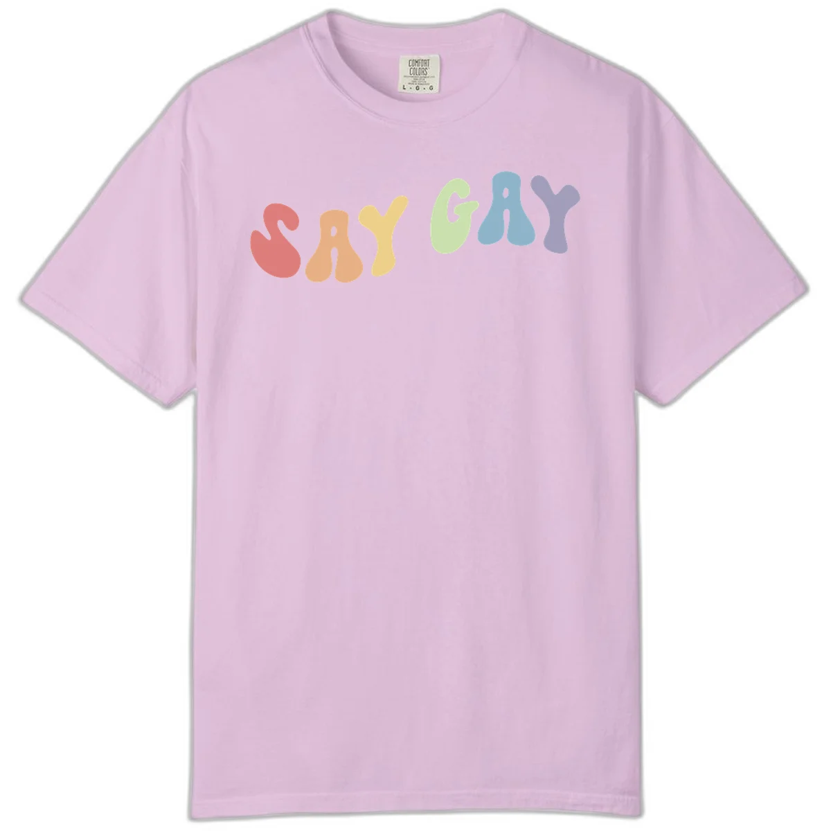 Colorful bubble letters spelling SAY GAY in rainbow pride colors: red, peach, yellow, green, blue, and purple on gray background in Orchid