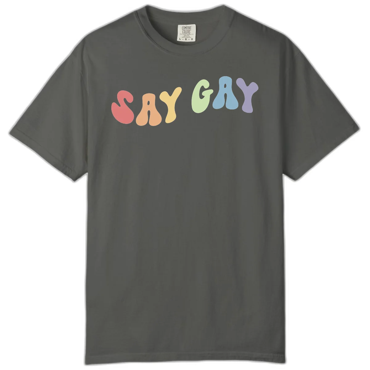Colorful bubble letters spelling SAY GAY in rainbow pride colors: red, peach, yellow, green, blue, and purple on gray background in Pepper