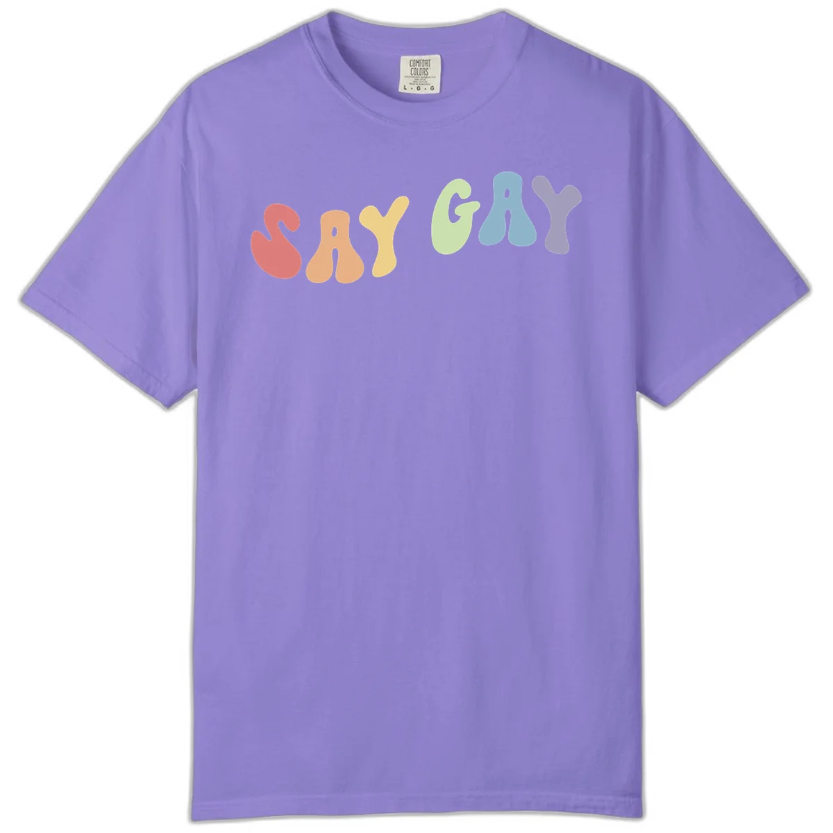 Colorful bubble letters spelling SAY GAY in rainbow pride colors: red, peach, yellow, green, blue, and purple on gray background in Violet