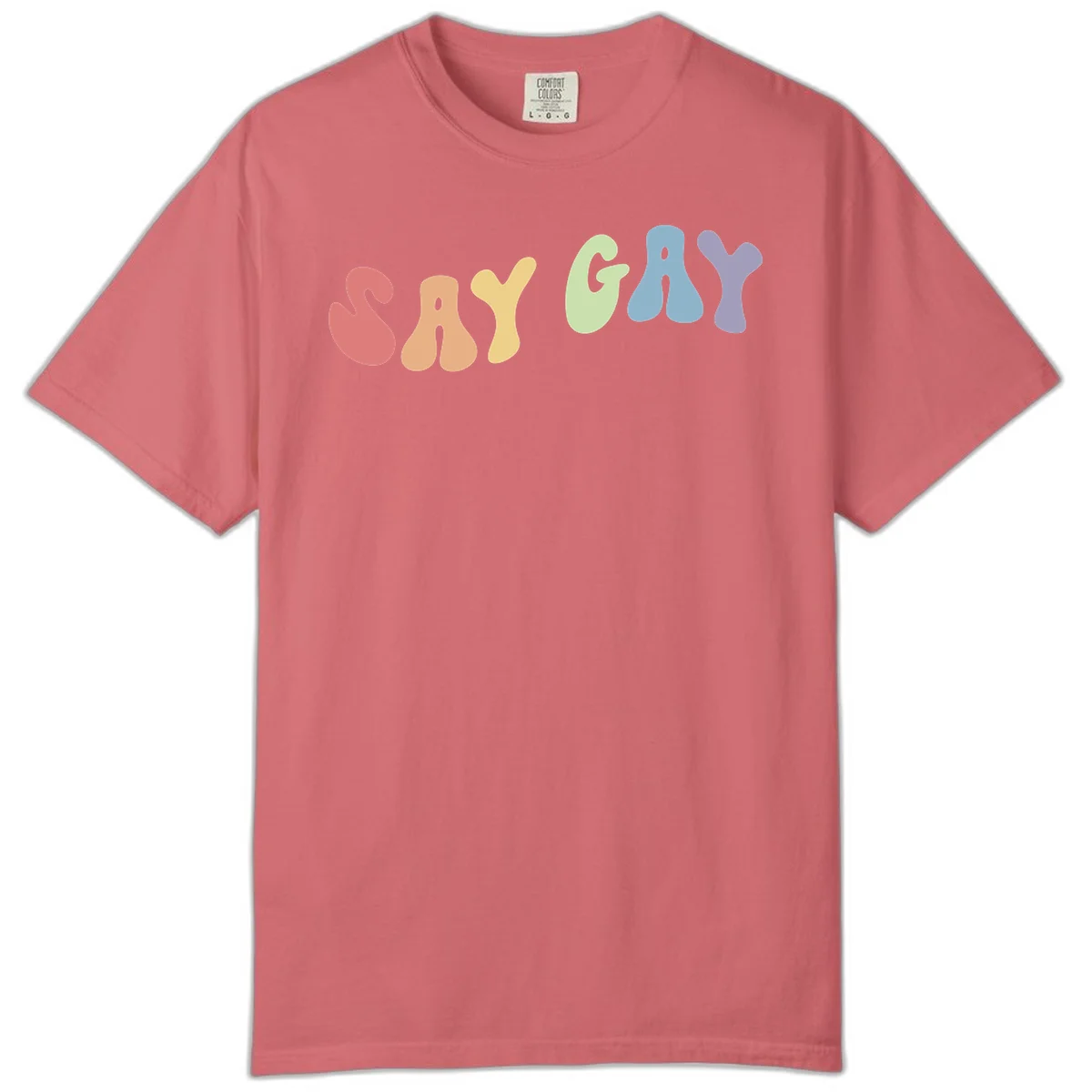 Colorful bubble letters spelling SAY GAY in rainbow pride colors: red, peach, yellow, green, blue, and purple on gray background in Watermelon