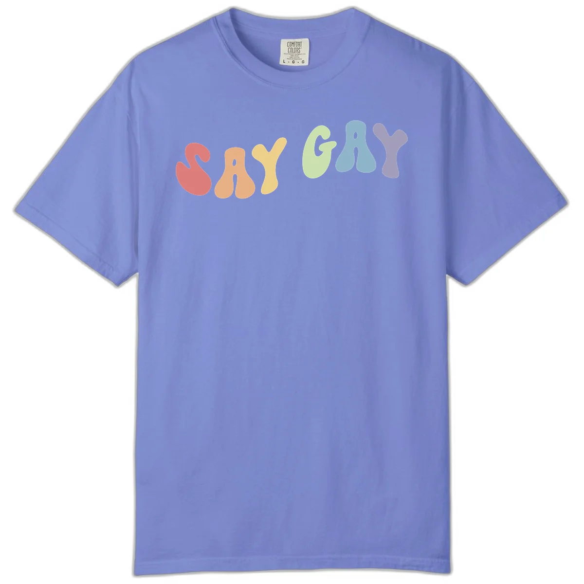 Colorful bubble letters spelling SAY GAY in rainbow pride colors: red, peach, yellow, green, blue, and purple on gray background in Flo Blue