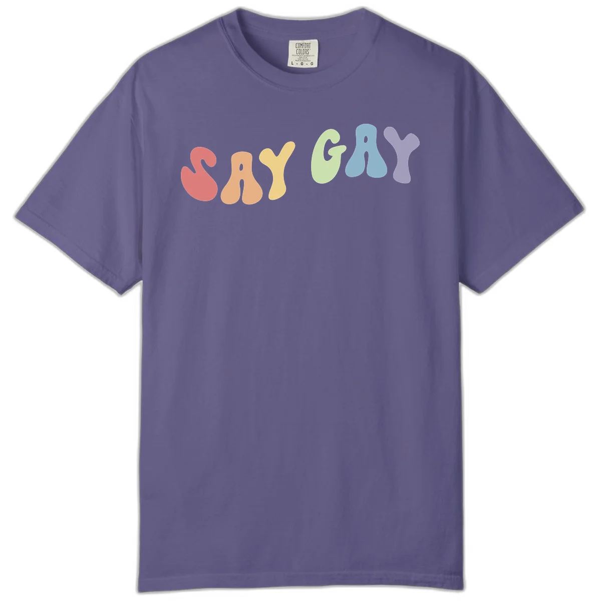 Colorful bubble letters spelling SAY GAY in rainbow pride colors: red, peach, yellow, green, blue, and purple on gray background in Grape