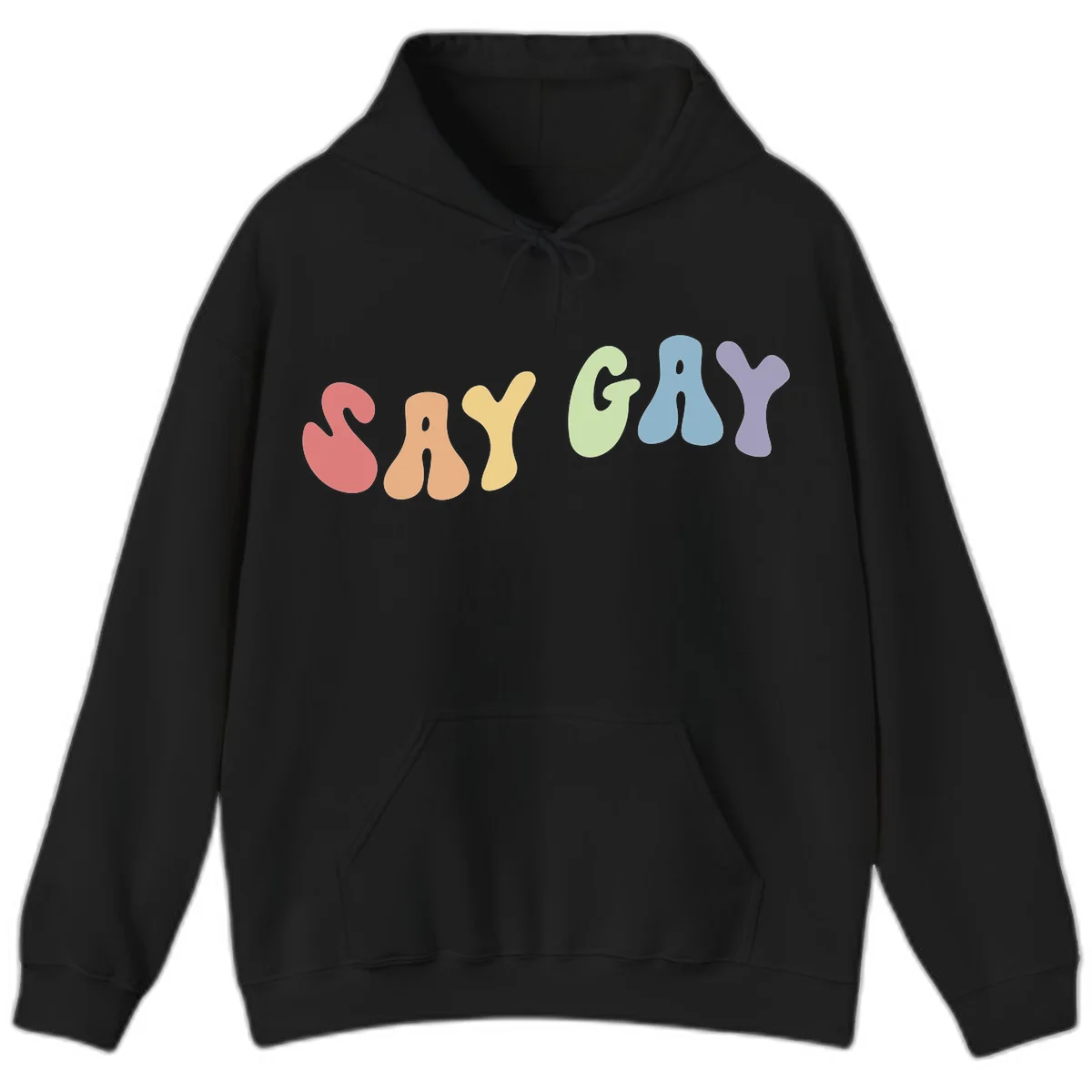 Colorful bubble letters spelling SAY GAY in rainbow pride colors: red, peach, yellow, green, blue, and purple on gray background in Black