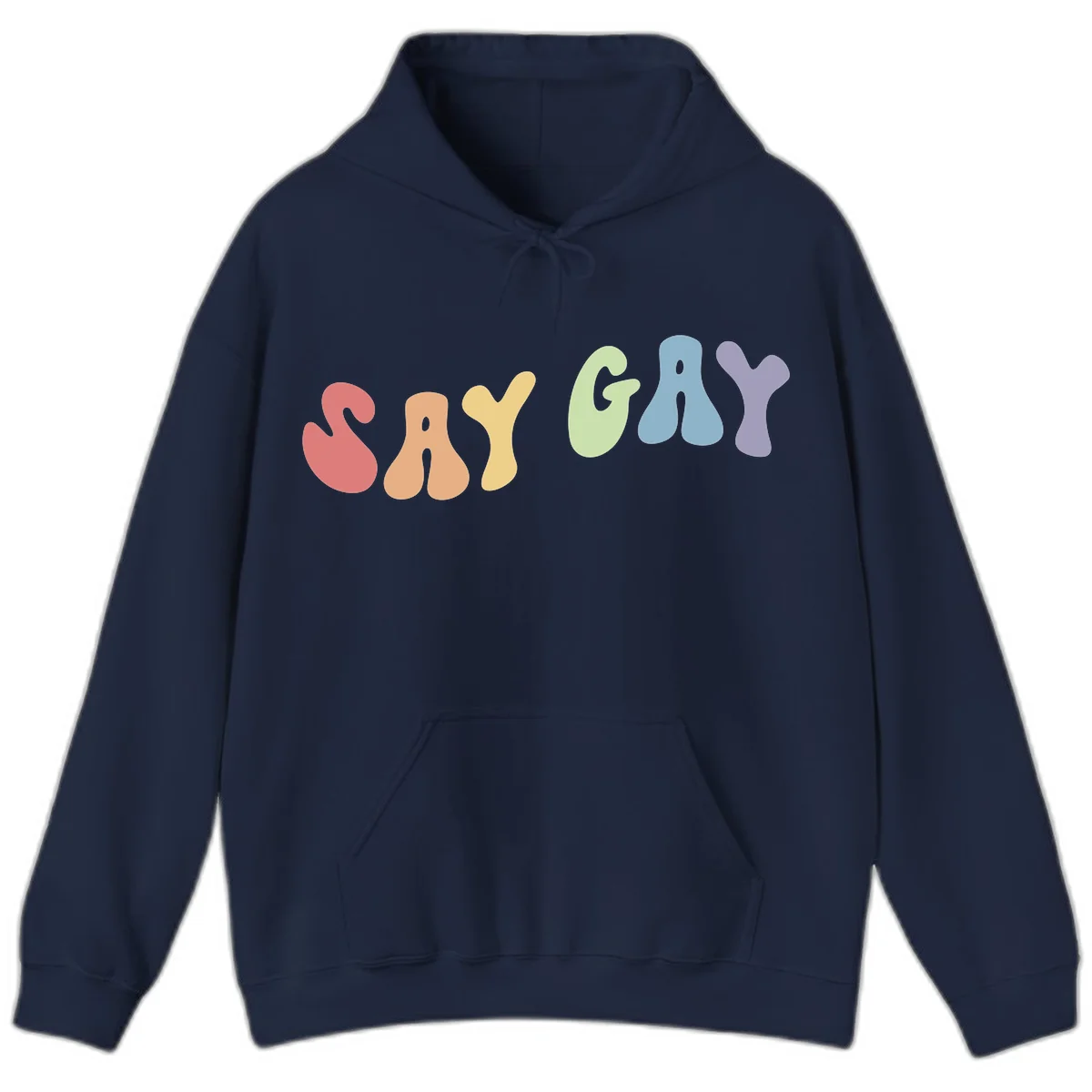 Colorful bubble letters spelling SAY GAY in rainbow pride colors: red, peach, yellow, green, blue, and purple on gray background in Navy
