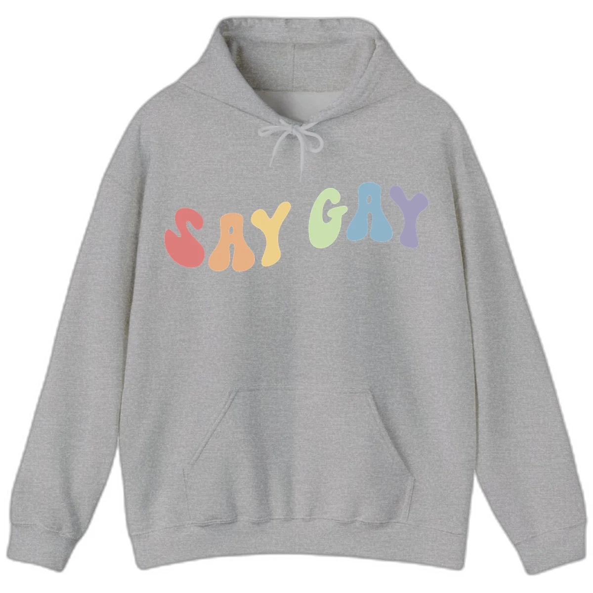 Colorful bubble letters spelling SAY GAY in rainbow pride colors: red, peach, yellow, green, blue, and purple on gray background in Sport Grey