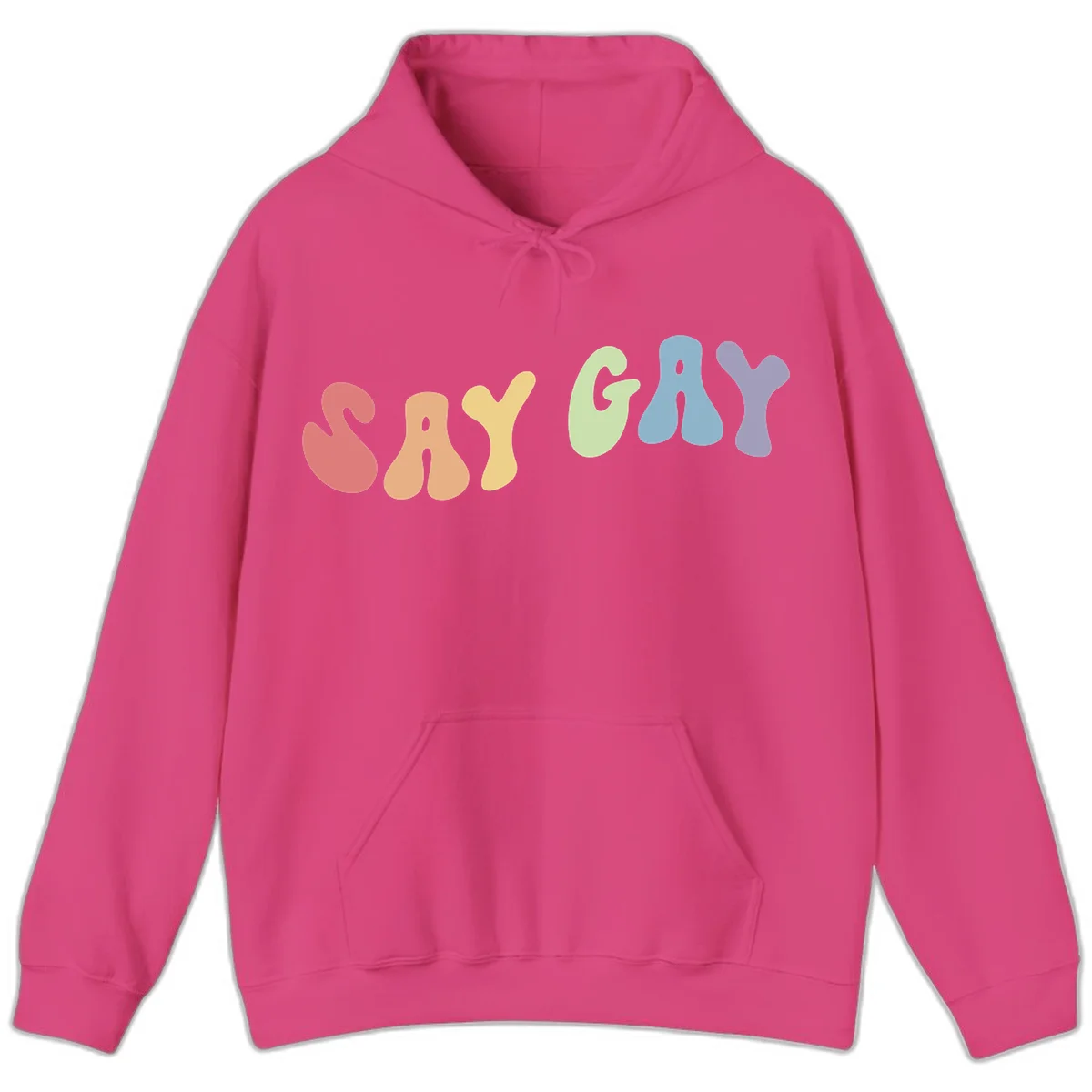 Colorful bubble letters spelling SAY GAY in rainbow pride colors: red, peach, yellow, green, blue, and purple on gray background in Heliconia