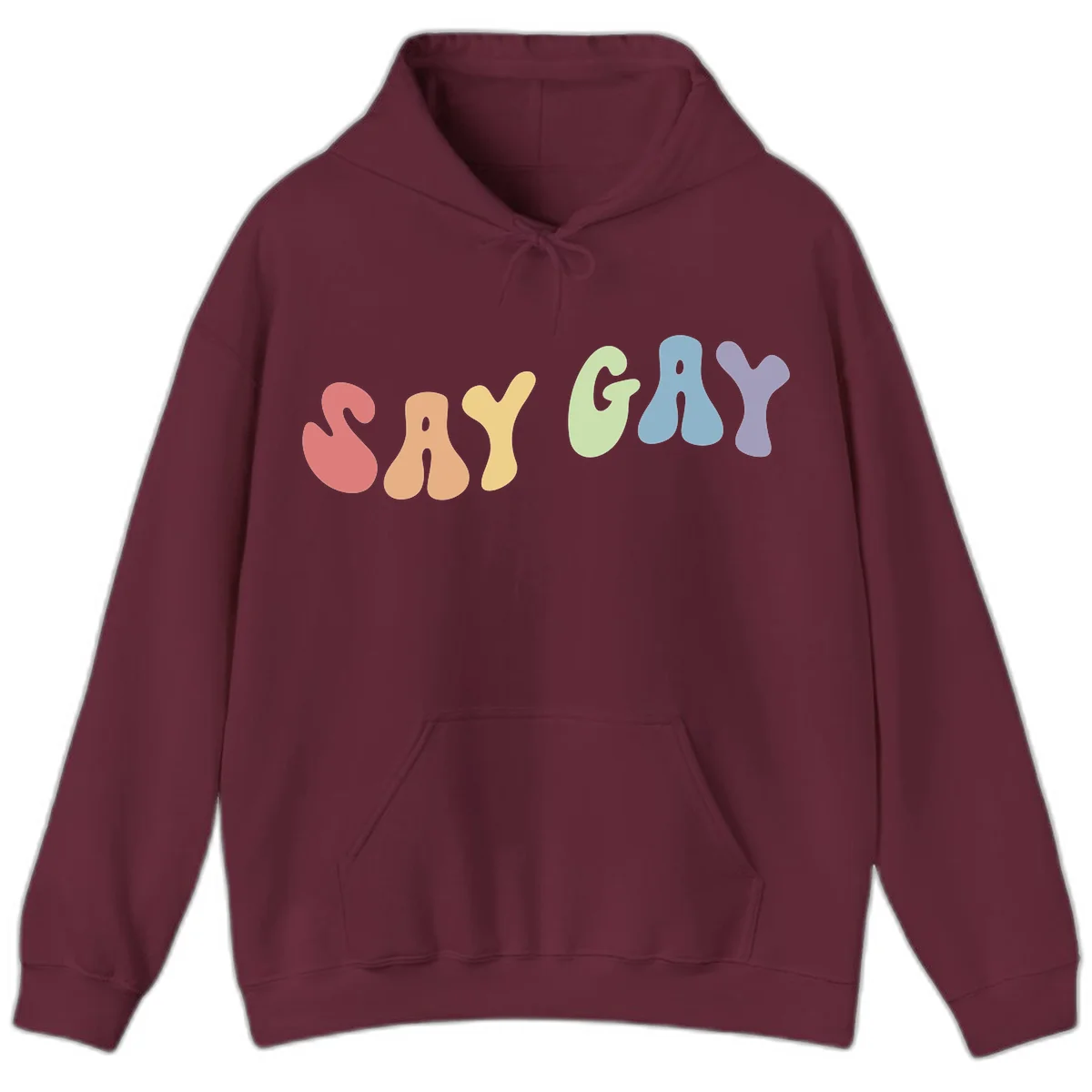 Colorful bubble letters spelling SAY GAY in rainbow pride colors: red, peach, yellow, green, blue, and purple on gray background in Maroon