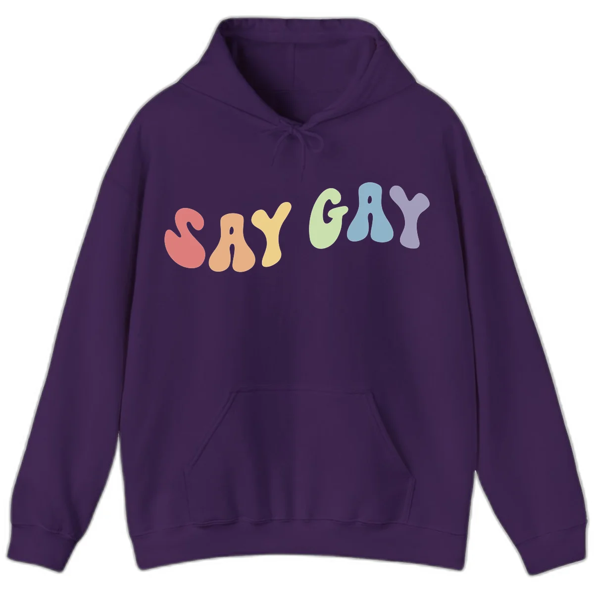 Colorful bubble letters spelling SAY GAY in rainbow pride colors: red, peach, yellow, green, blue, and purple on gray background in Purple