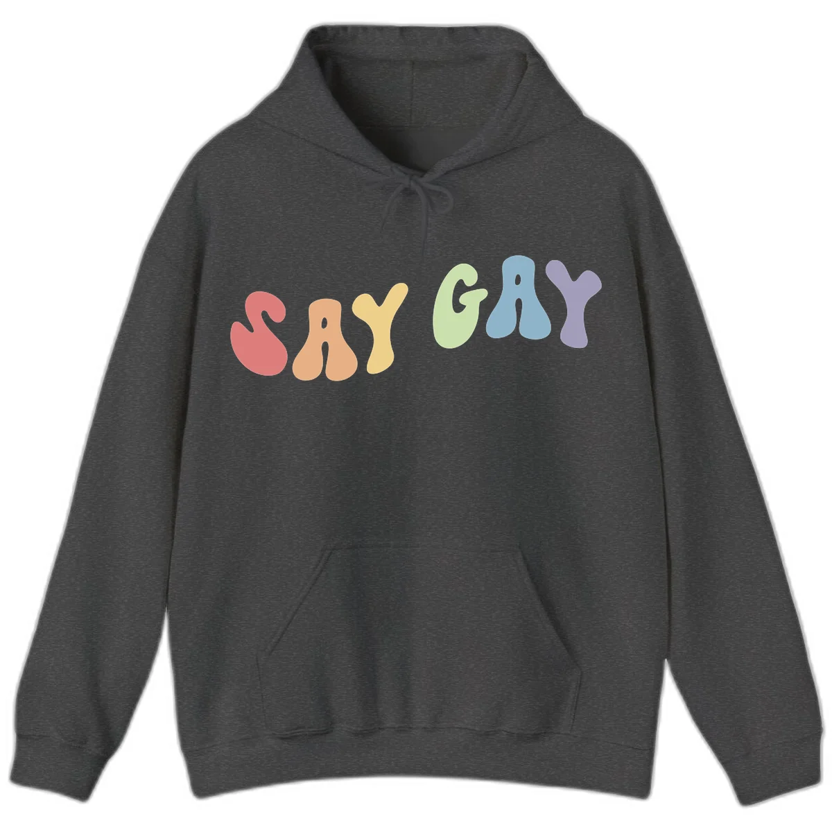 Colorful bubble letters spelling SAY GAY in rainbow pride colors: red, peach, yellow, green, blue, and purple on gray background in Dark Heather