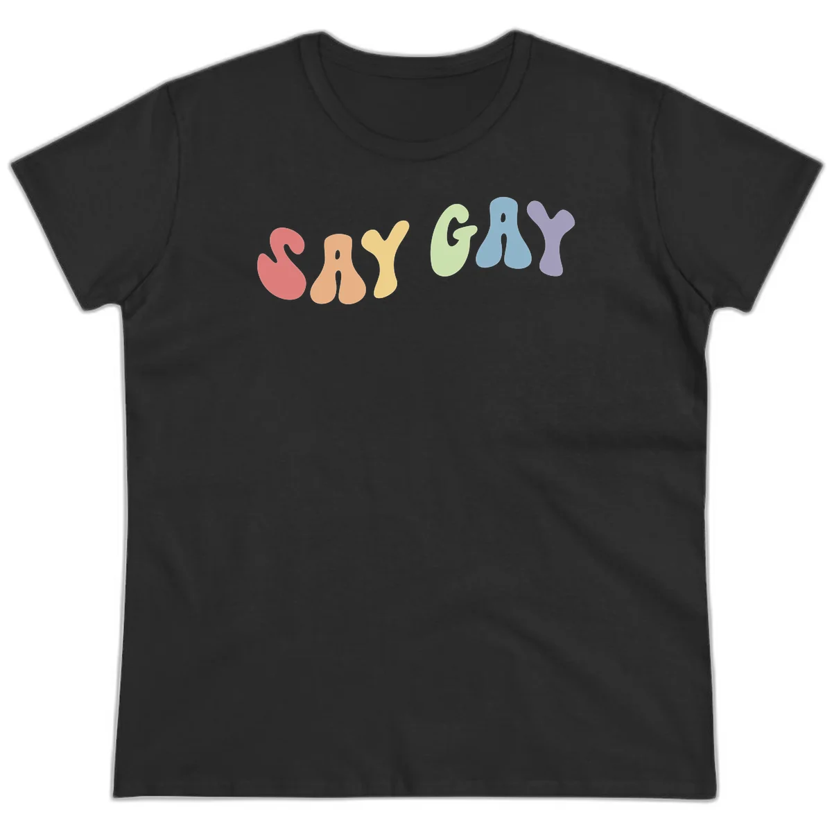 Colorful bubble letters spelling SAY GAY in rainbow pride colors: red, peach, yellow, green, blue, and purple on gray background in Black