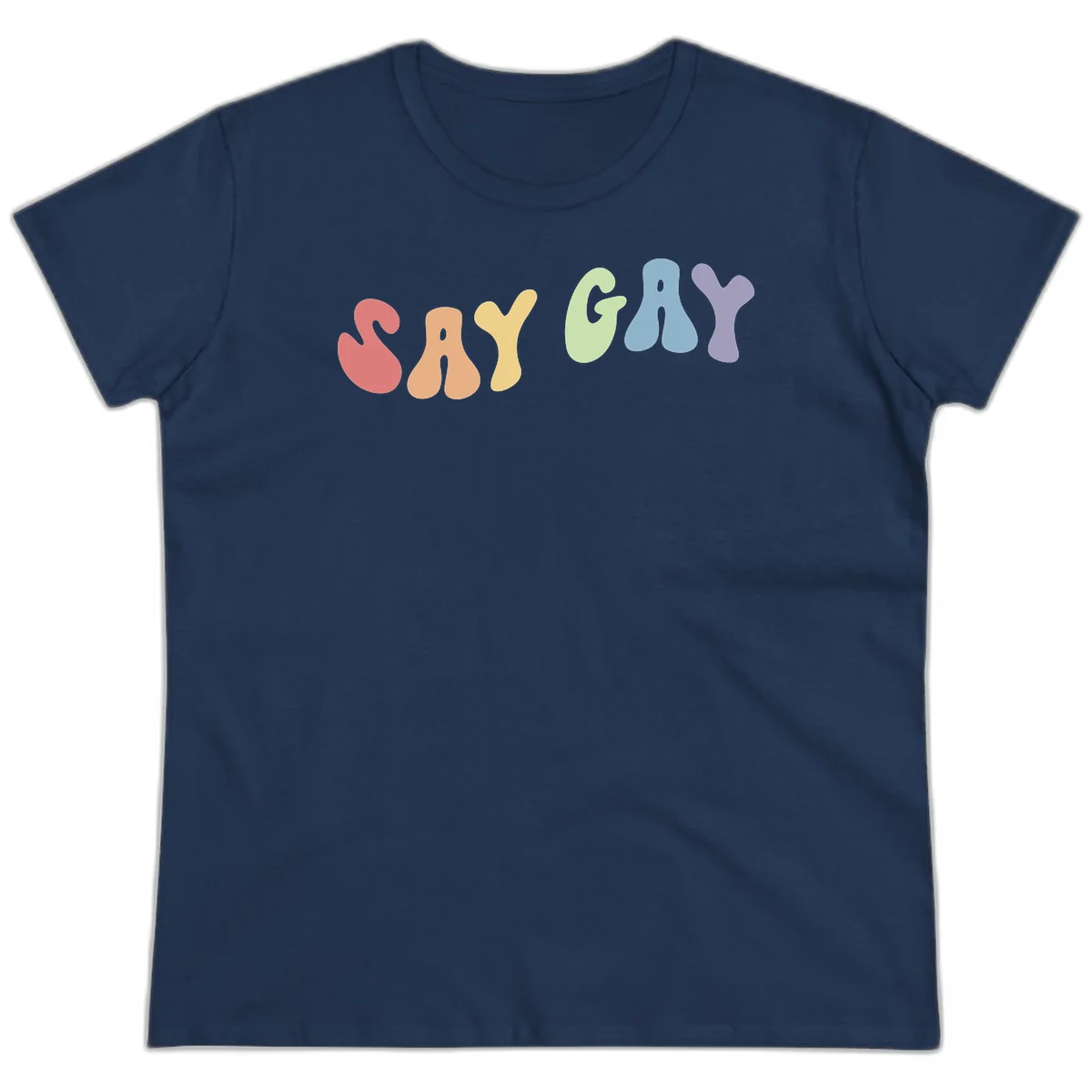 Colorful bubble letters spelling SAY GAY in rainbow pride colors: red, peach, yellow, green, blue, and purple on gray background in Navy
