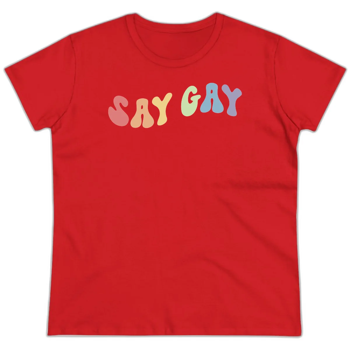 Colorful bubble letters spelling SAY GAY in rainbow pride colors: red, peach, yellow, green, blue, and purple on gray background in Red